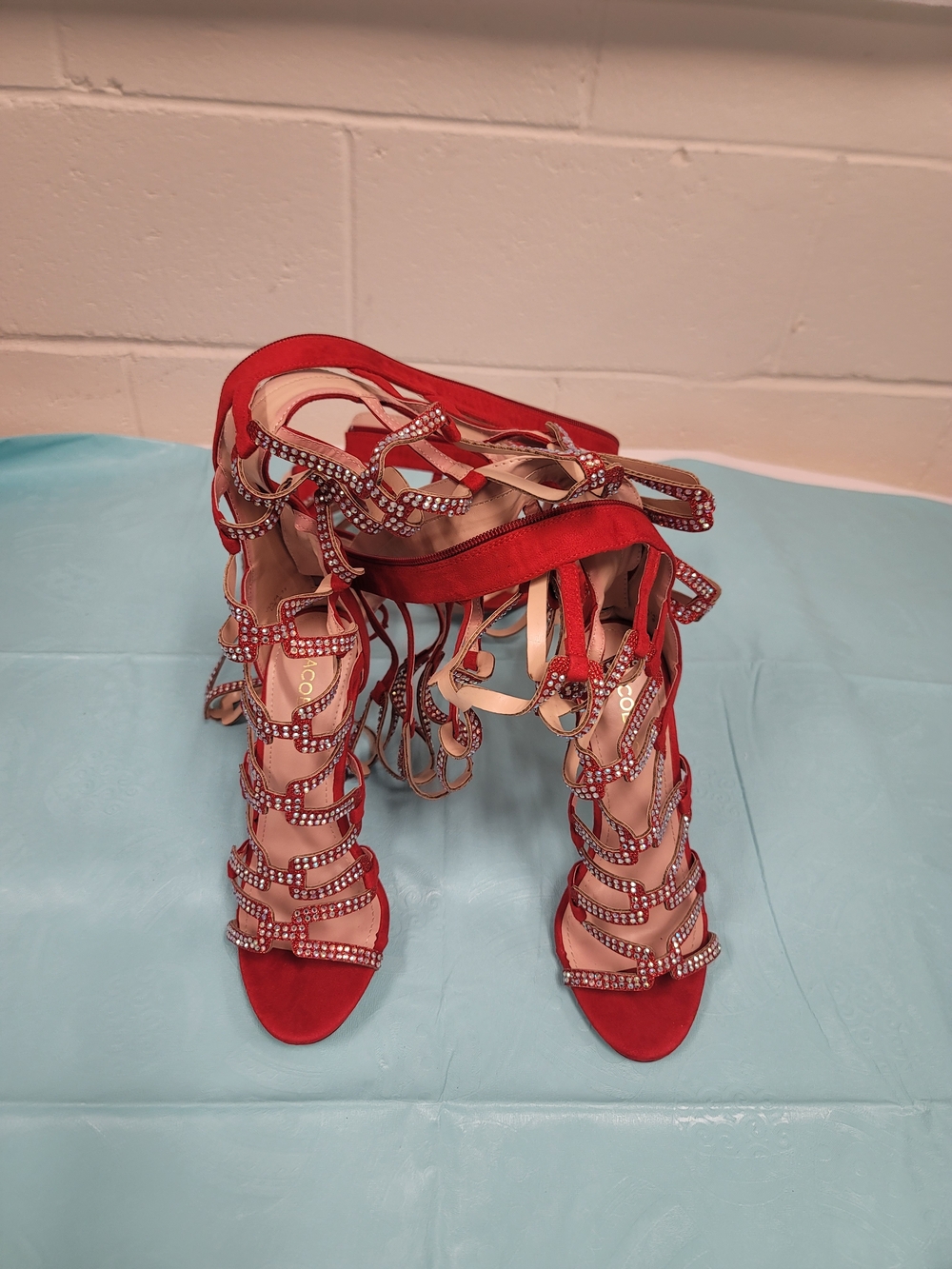 Red Gladiator Knee-High Strappy Sandals with Crystal Accents - Picture 4 of 9